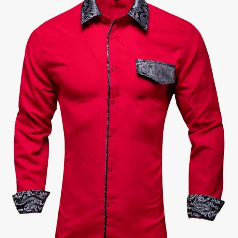 Elegant Red Dress Shirt with Black Paisley Accents